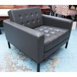 ROBIN DAY ARMCHAIR, in buttoned grey leather on black metal supports, 80cm x 80cm x 72cm H.