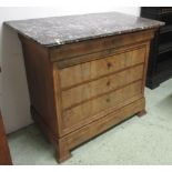 COMMODE, Louis Philippe faded burr walnut with a grey marble top over a shaped frieze drawer,