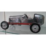 RACING CAR MODEL, 1930s style in polished aluminium finish, 50cm L.
