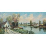 J. BERG (Dutch), 'Riverside Scene', oil on canvas, 50cm x 100cm, signed lower right and framed.