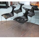 DINING CHAIRS, a set of four, stackable in black lucite on chromed metal frame, 46cm W.
