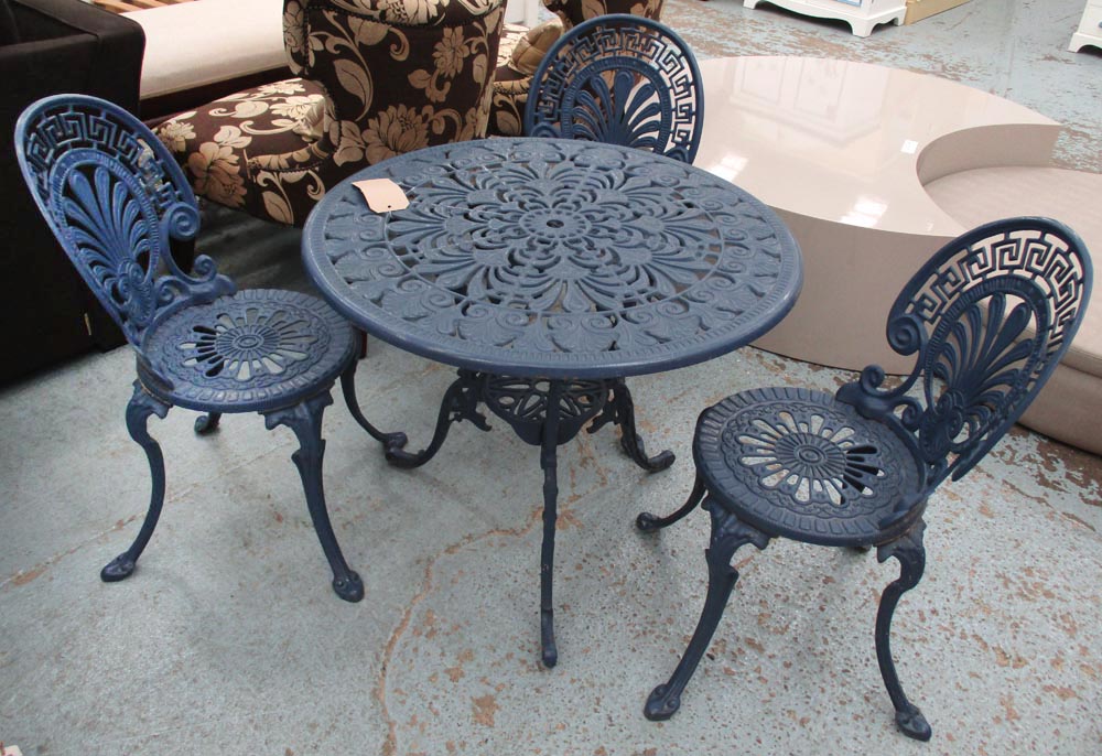 GARDEN TABLE AND SET OF THREE CHAIRS, blue metal, chairs, 81cm H x 66cm H.