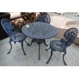 GARDEN TABLE AND SET OF THREE CHAIRS, blue metal, chairs, 81cm H x 66cm H.