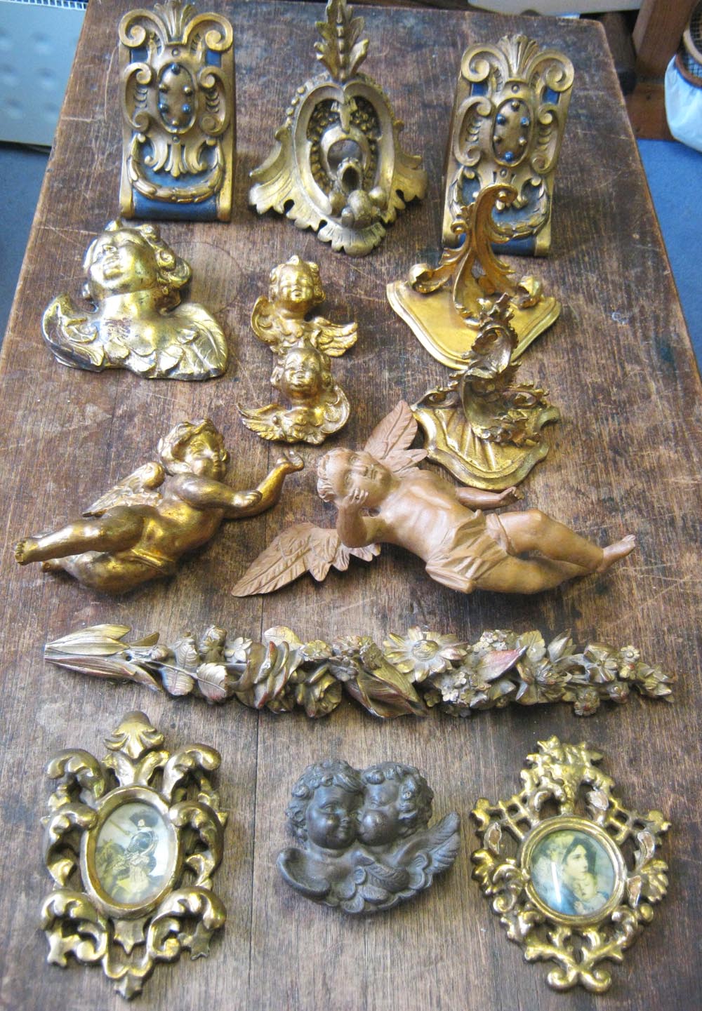 GILT CHERUBS, brackets and mounts, a miscellany.