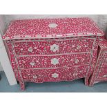 BOMBE COMMODE, Indian design with three drawers and pink ground with mother of pearl inlay,