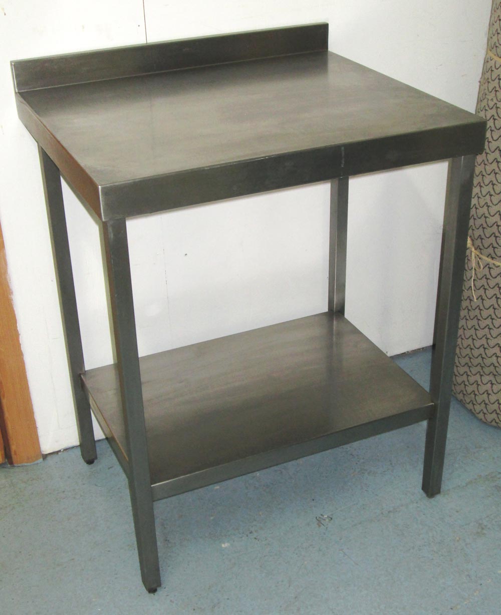 KITCHEN TABLE, square stainless steel preparation table with undertier, 91cm H x 70cm W x 60cm D.