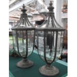 CANDLE LANTERNS, a pair, Georgian style, glass lined with hanging glass tealight candle bowls,