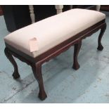 HALL SEAT, mahogany in a neutral fabric on six supports, 119cm L.