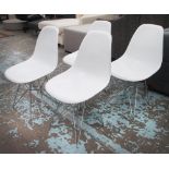 DINING CHAIRS, a set of four, white resin on chromed metal supports, 47cm.