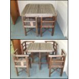 GARDEN TABLE AND CHAIRS, Heals style, weathered, slatted teak square table, 84cm x 84cm x 72cm,