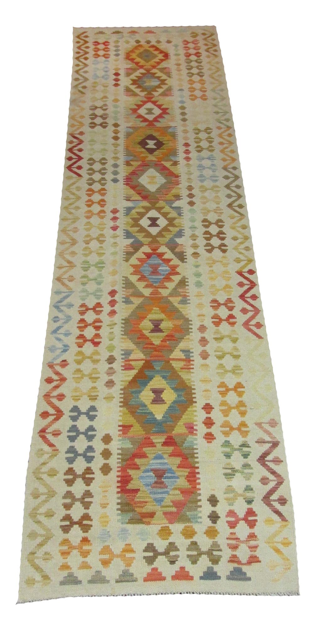 ANATOLIAN KILIM RUNNER, 297cm x 77cm, geometric designs in a fusion of contemporary colours.