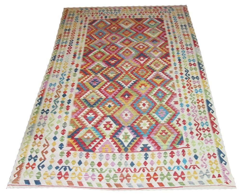 ANATOLIAN KILIM RUG, 299cm x 205cm, geometric designs in a fusion of contemporary colours.