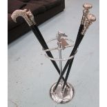 STICK STAND, in a chromed metal finish with dog finial plus set of four walking sticks, 95cm H.