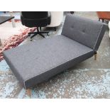 CHAISE LONGUE/DAYBED, with grey buttoned fabric on turned supports, 180cm L.