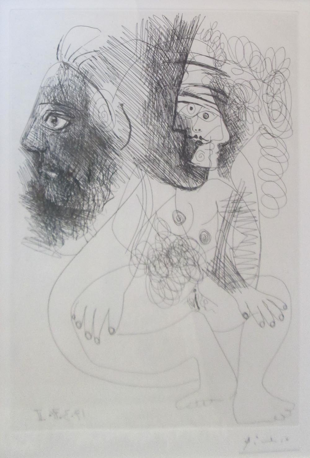 PABLO PICASSO (Spanish, 1881-1973) 'Facial profile and nude' original etching, 23cm x 32cm.