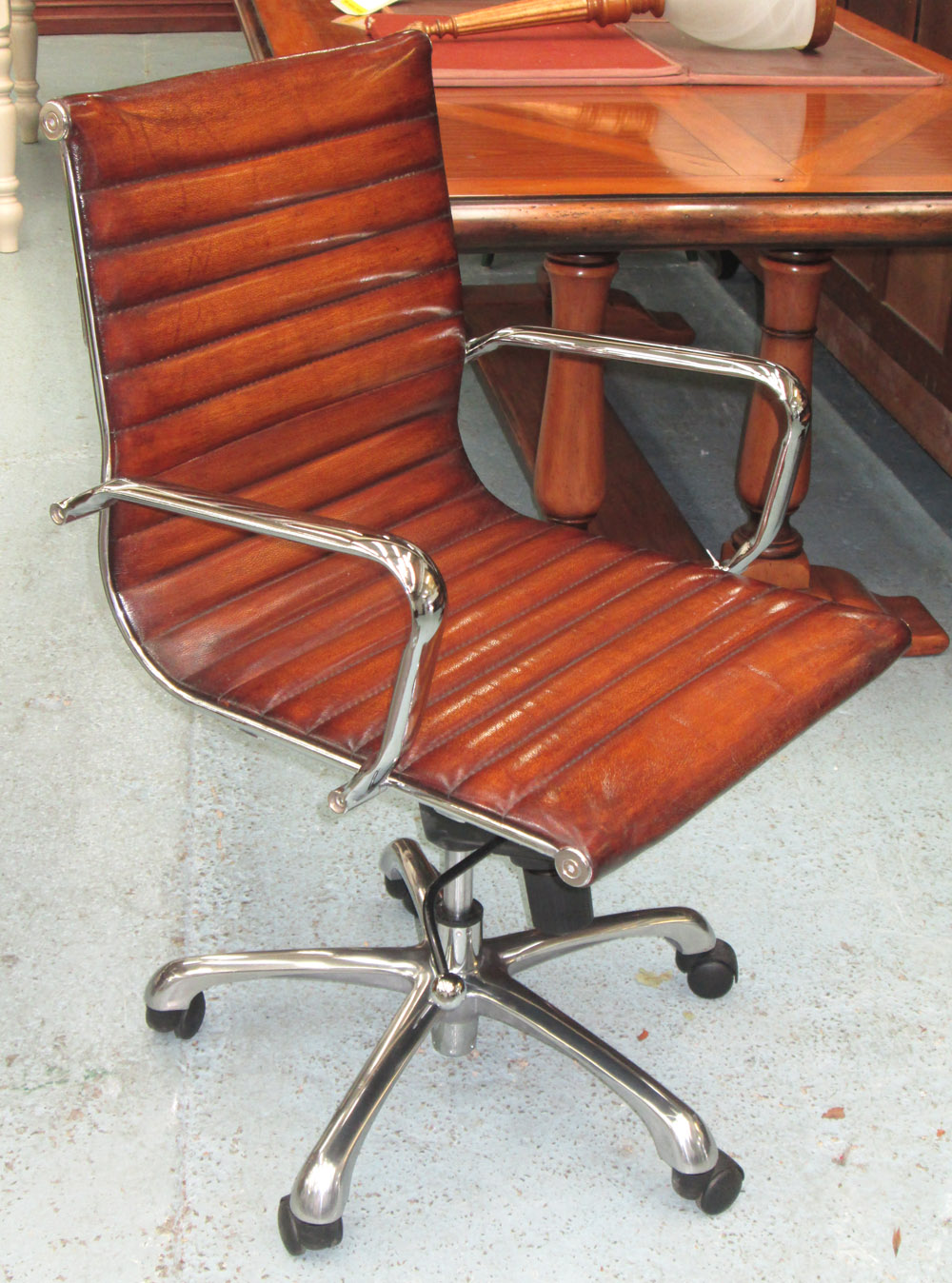 REVOLVING DESK CHAIR, Charles Eames style, ribbed tan leather,