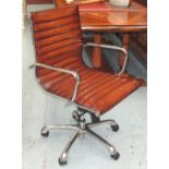 REVOLVING DESK CHAIR, Charles Eames style, ribbed tan leather,