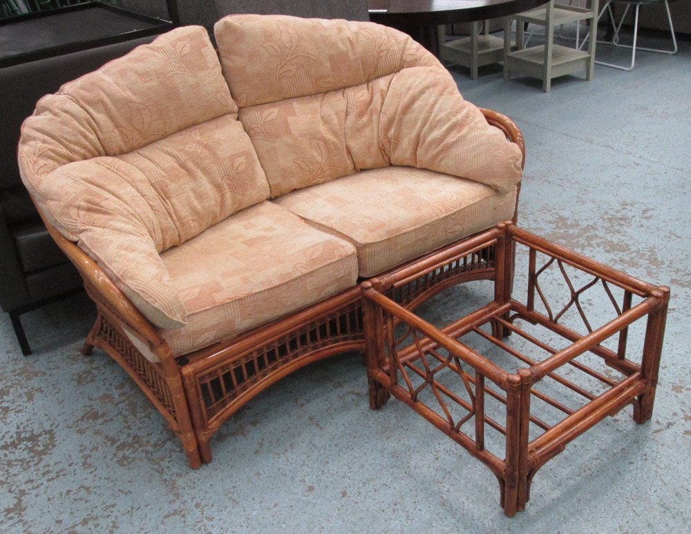 CONSERVATORY SOFA, two seater in bamboo and cane, 141cm L, plus a matching low table,