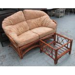 CONSERVATORY SOFA, two seater in bamboo and cane, 141cm L, plus a matching low table,