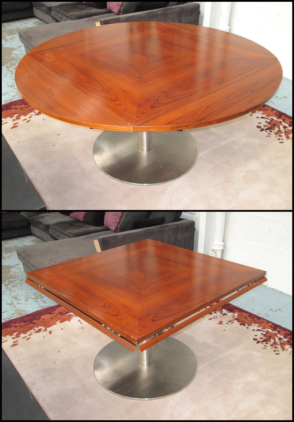 DINING TABLE, walnut veneer top, extending, circular with four fold down flaps on a stainless base,