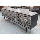 SIDEBOARD, mid 20th century in a later grey painted finish with Fornasetti design front,