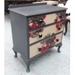 CHEST, mid 20th century grey painted with three floral drawers, 77cm W x 46cm D x 88cm H.