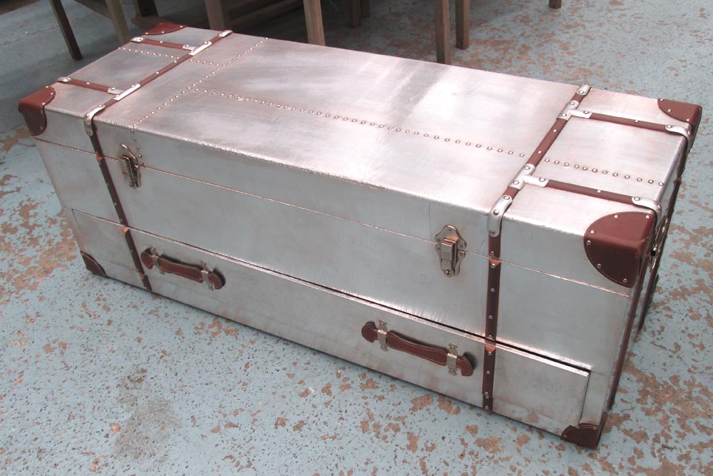 TRUNK, Aviation style, with lift up lid and drawer below, 120cm x 40cm x 44cm H.