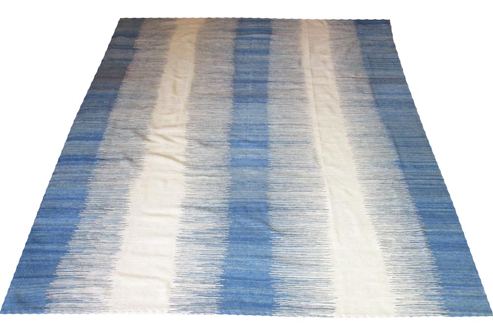 CONTEMPORARY KILIM RUG, in abrashed power blue and white stripes, 289cm x 255cm.