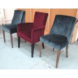 SIDE CHAIRS, a pair, blue velvet with a metal loop handle to back, 49cm W x 47cm D x 91cm H,