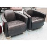 ARMCHAIRS, a pair, black leather on chrome supports, 76cm W. (2) (with faults, marks to upholstery).