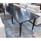 OKA DINING TABLE, ebonised extending with a rectangular top and two extra leaves on turned supports,