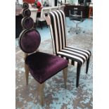 SIDE CHAIR, with purple upholstery and a black and silver gilt frame, 122cm H,
