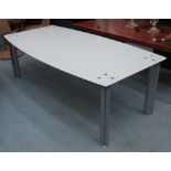 DINING TABLE, with an opaque glass top on rounded metal supports, 221cm x 110cm x 72cm H.