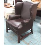 WINGBACK ARMCHAIR, brown leather with studded detail, 86cm W x 109cm H x 70cm D.
