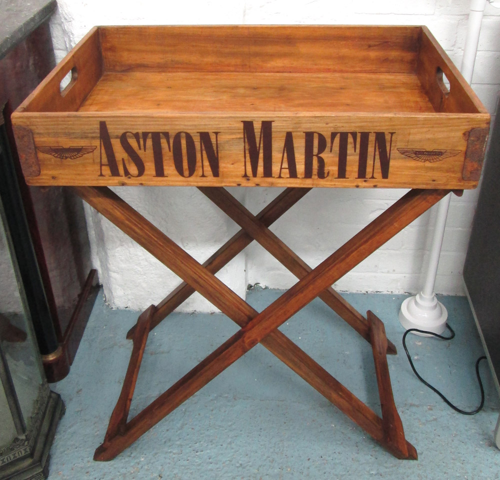 BUTLERS TRAY AND STAND, polished wood marked Bentley, Aston Martin,