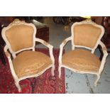 FAUTEUILS, a pair, Louis XV design painted with sackcloth covering.