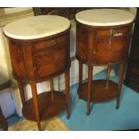 BEDSIDE CABINETS, a pair, early 20th century French kingwood and parquetry with oval marble,
