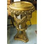 JARDINIERE STAND, 19th century giltwood with tri-form, swag and laurel wreath decorated supports,