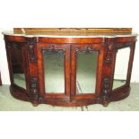 CREDENZA, mid Victorian burr walnut with serpentine white marble top above four mirrored doors,