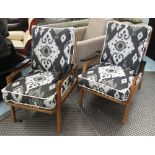 1950'S ARMCHAIRS, a pair, in beech with black and white fabric on square supports, 60cm W.