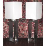 TABLE LAMPS, a pair, brushed steel of hollow rectangular form with square white shades,