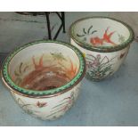 CARP BOWLS, a pair, Chinese with water plant decoration, 41cm diam.