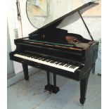 BABY GRAND PIANO, Challen gilt metal overstrung framed in full gloss eboinsed case,