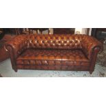 CHESTERFIELD SOFA, vintage faded tan brown leather with deep button upholstered back, arms and seat,