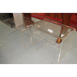 PERSPEX OCCASIONAL TABLE, 71cm L x 40cm W x 50cm H, and another similar but larger,
