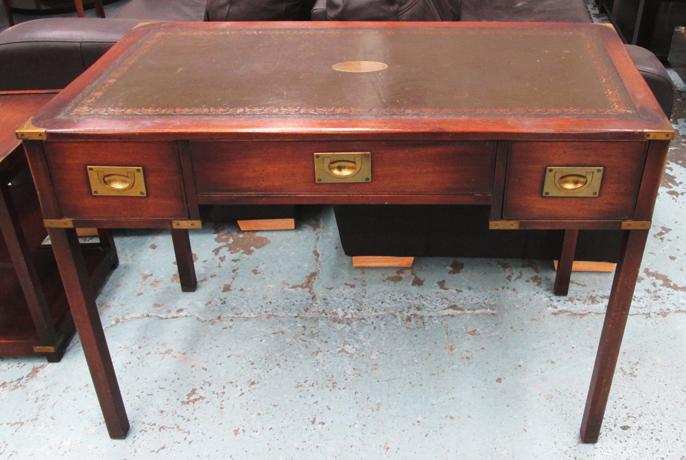 CAMPAIGN DESK, with leather top, three drawers below on square supports, 106cm x 54cm x 77cm H.