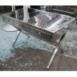 DESK, aviator style with three drawers below on a chromed metal X framed base,