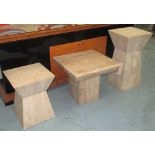 LOW TABLE, travertine square on plinth base, 60cm x 60cm x 49cm, together with two stands,