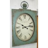 WALL CLOCK, in a distressed green metal case, 'Grand Cafe Margot', 112cm x 68cm.