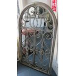 GATED GARDEN MIRROR, in metal with a distressed finish, 130cm x 76cm.